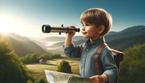 Attività per bambini Un bambino vestito da esploratore osserva con un cannocchiale il paesaggio in lontananza.