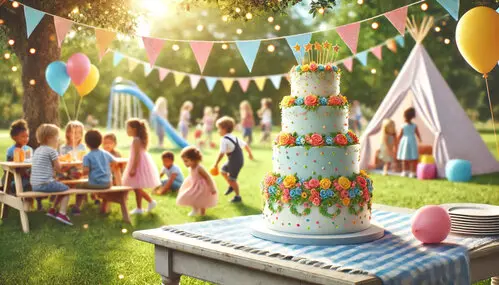 La scena raffigura una festa di compleanno all'aperto, con una torta in primo piano e dei bambini che giocano e parlano sullo sfondo.