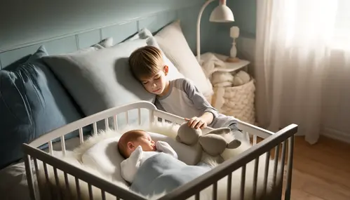 Due fratelli dormono vicini, il neonato nel suo lettino e il fratello poggiato su un cuscino vicino a lui.